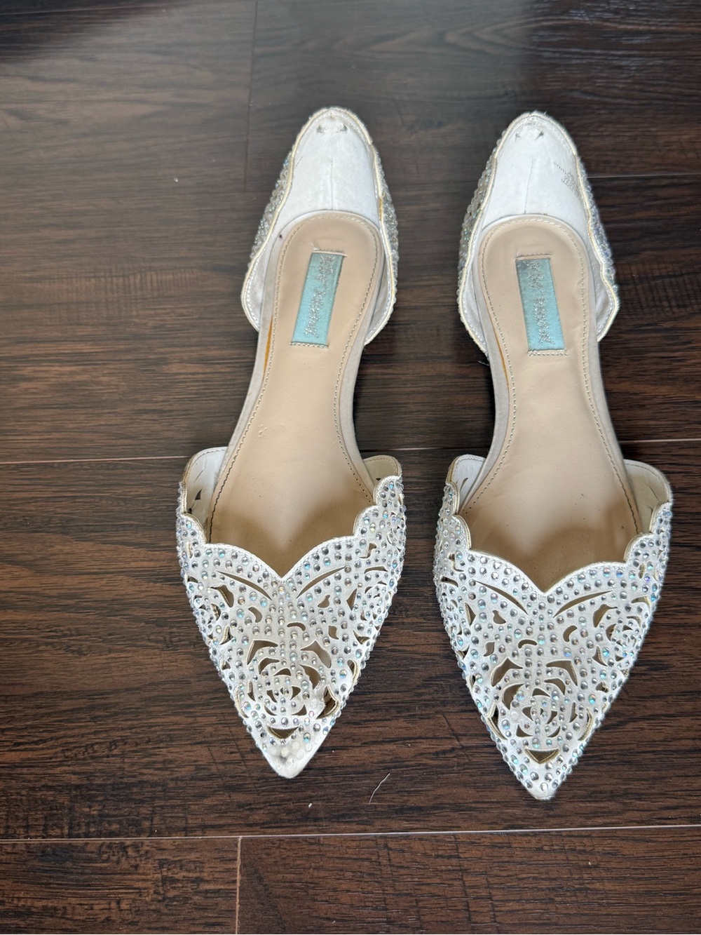 Women's White Pointed Betsey Johnson Flats with Crystal Detailing